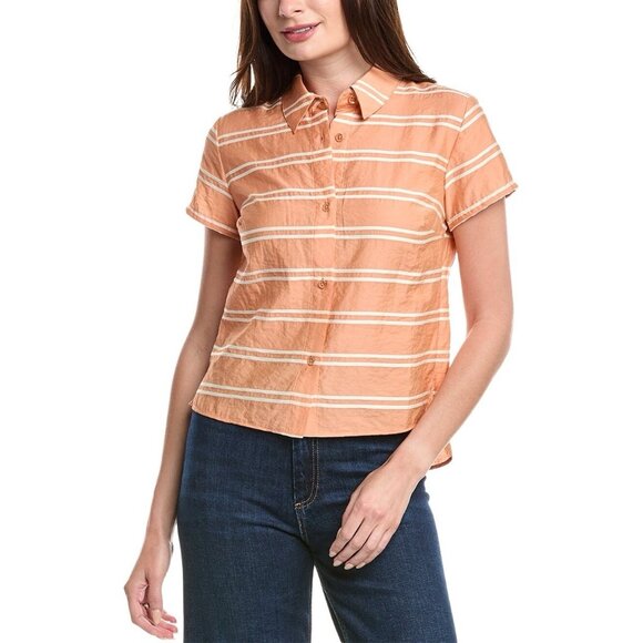 CAbi Camp Shirt 6511 Peach Striped Button Up Short Sleeve Collared Size M - Picture 1 of 8